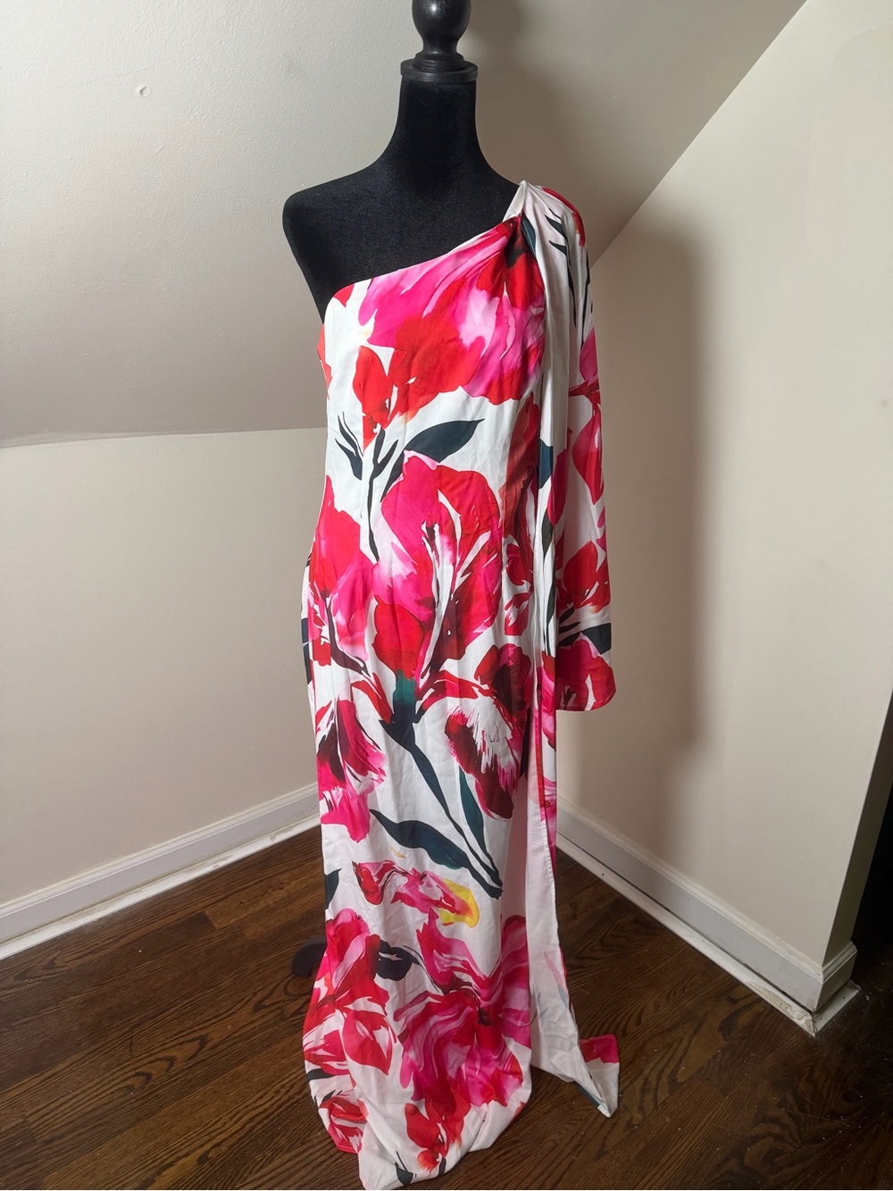 Fashion Nova White One-Shoulder Asymmetrical Floral Maxi Dress - Pink & Red